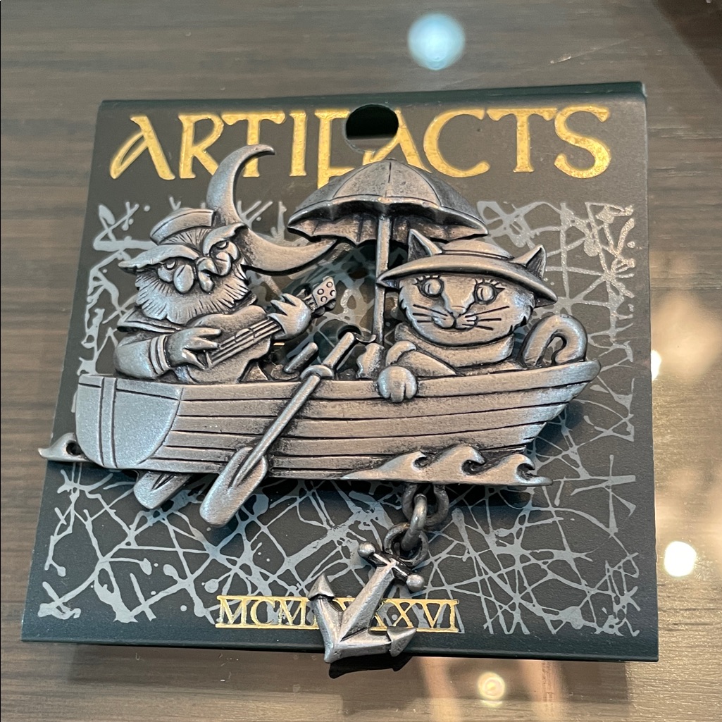 Artifacts Pewter Brooch With Owl And Cat In Boat